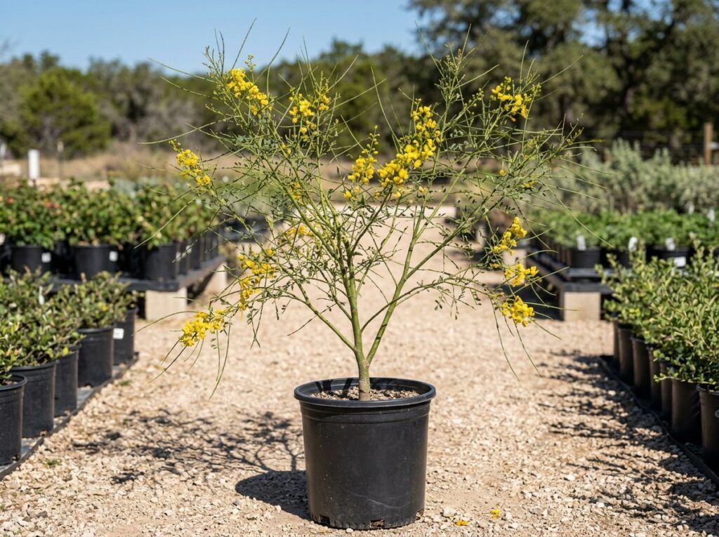 Retama shrub with wispy green branches growing in a black nursery container