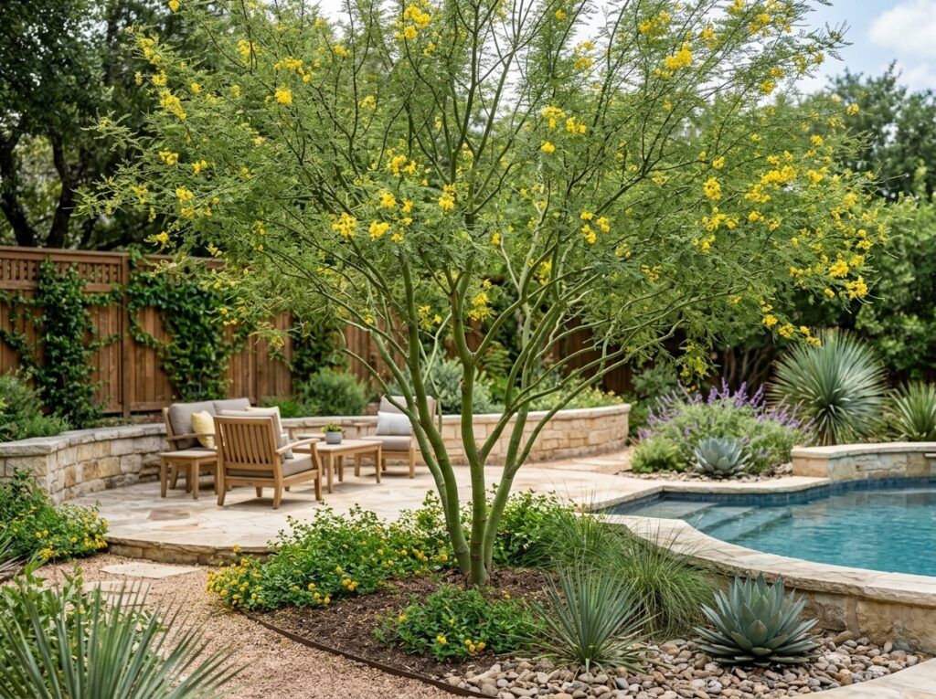 Retama shrub with wispy green branches and clusters of yellow blooms in a nursery container.