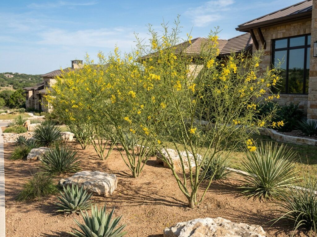 Retama tree with airy green branches and small yellow blooms in a nursery container.