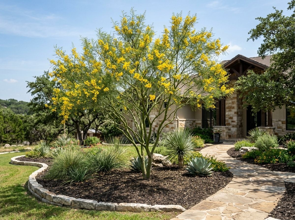 Retama tree with airy green branches and yellow blooms in a landscaped bed.