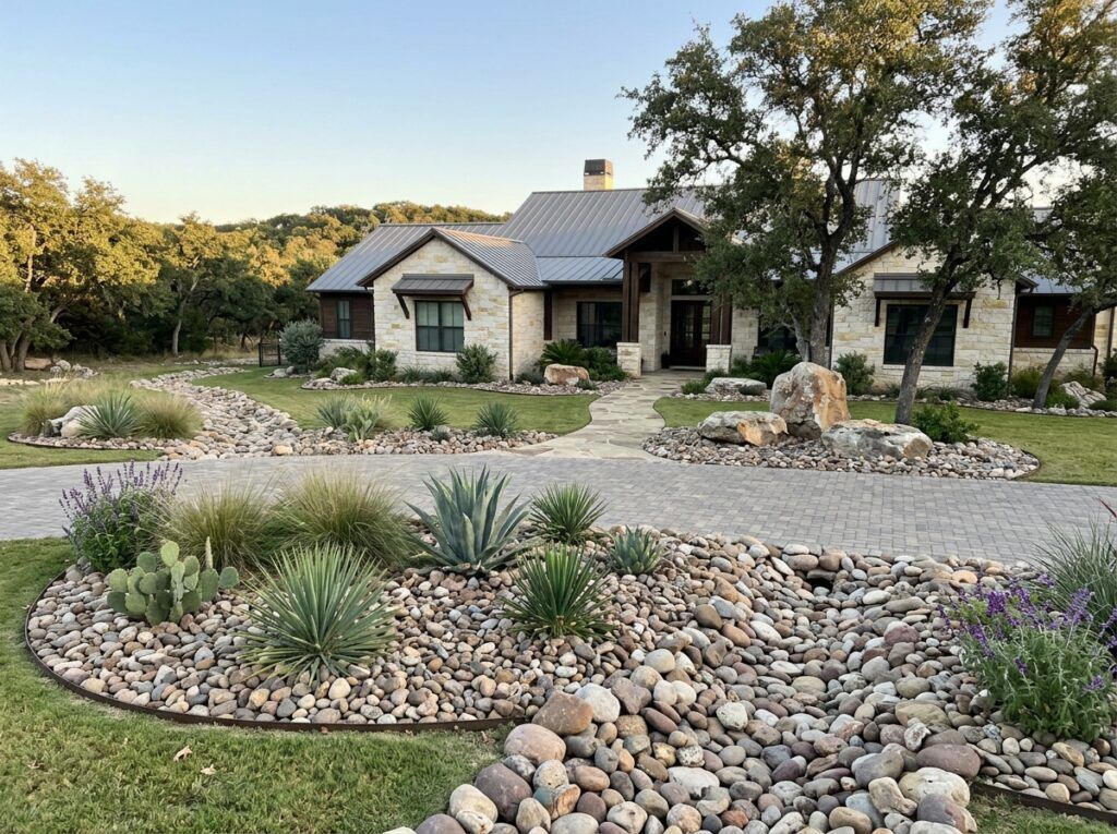 Rio Bullrock river rock ground cover spread in a landscape bed, showing smooth tan and gray stones.