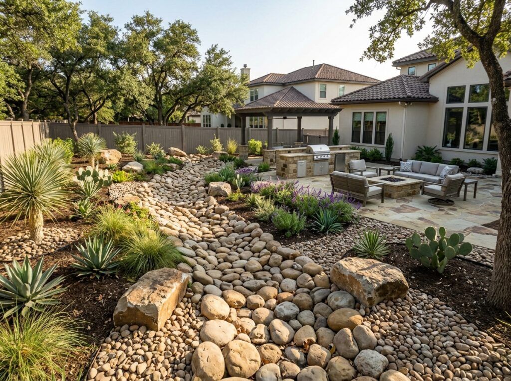 Rio Bullrock river rock ground cover spread around shrubs in a landscaped bed.