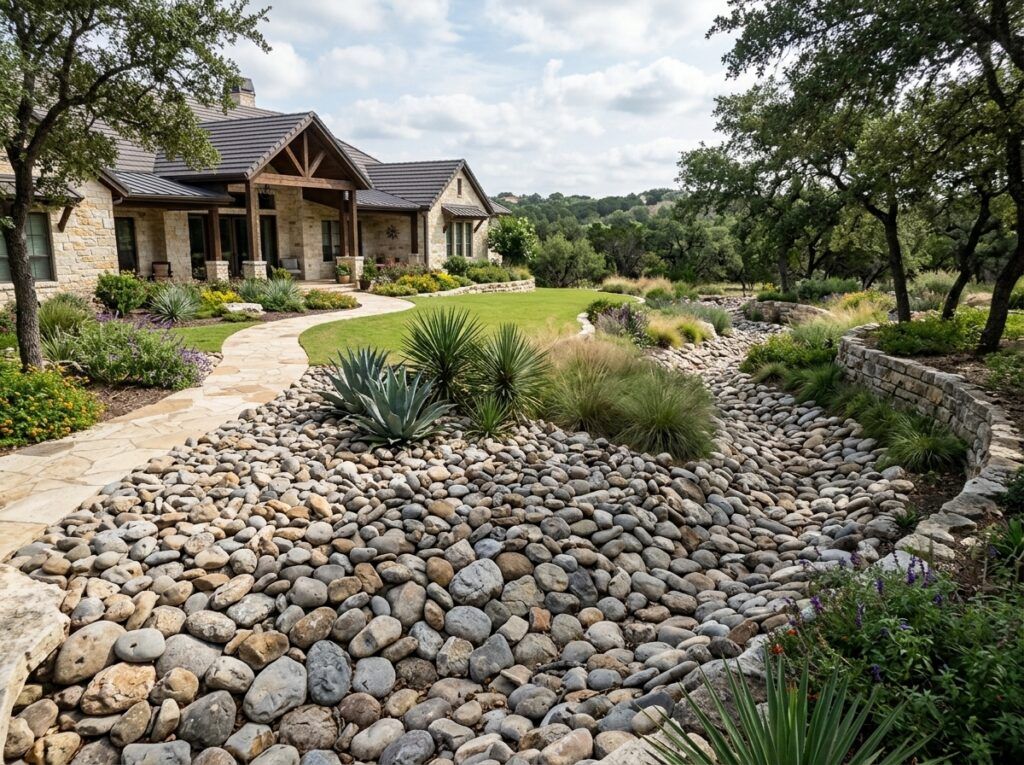 Rio Bullrock river rock ground cover spread around plants in a landscape bed, with smooth tan stones filling the area.