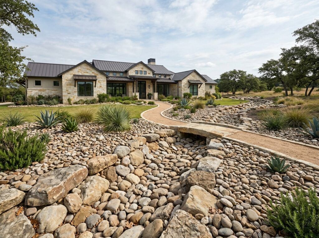 Rio Bullrock river rock ground cover with rounded tan stones spread in a landscaped bed.