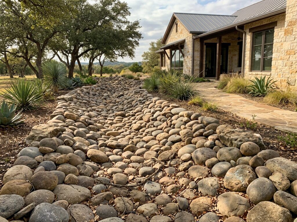 Rio Bullrock river rock ground cover spread in a landscaped bed with mixed tan and gray stones.