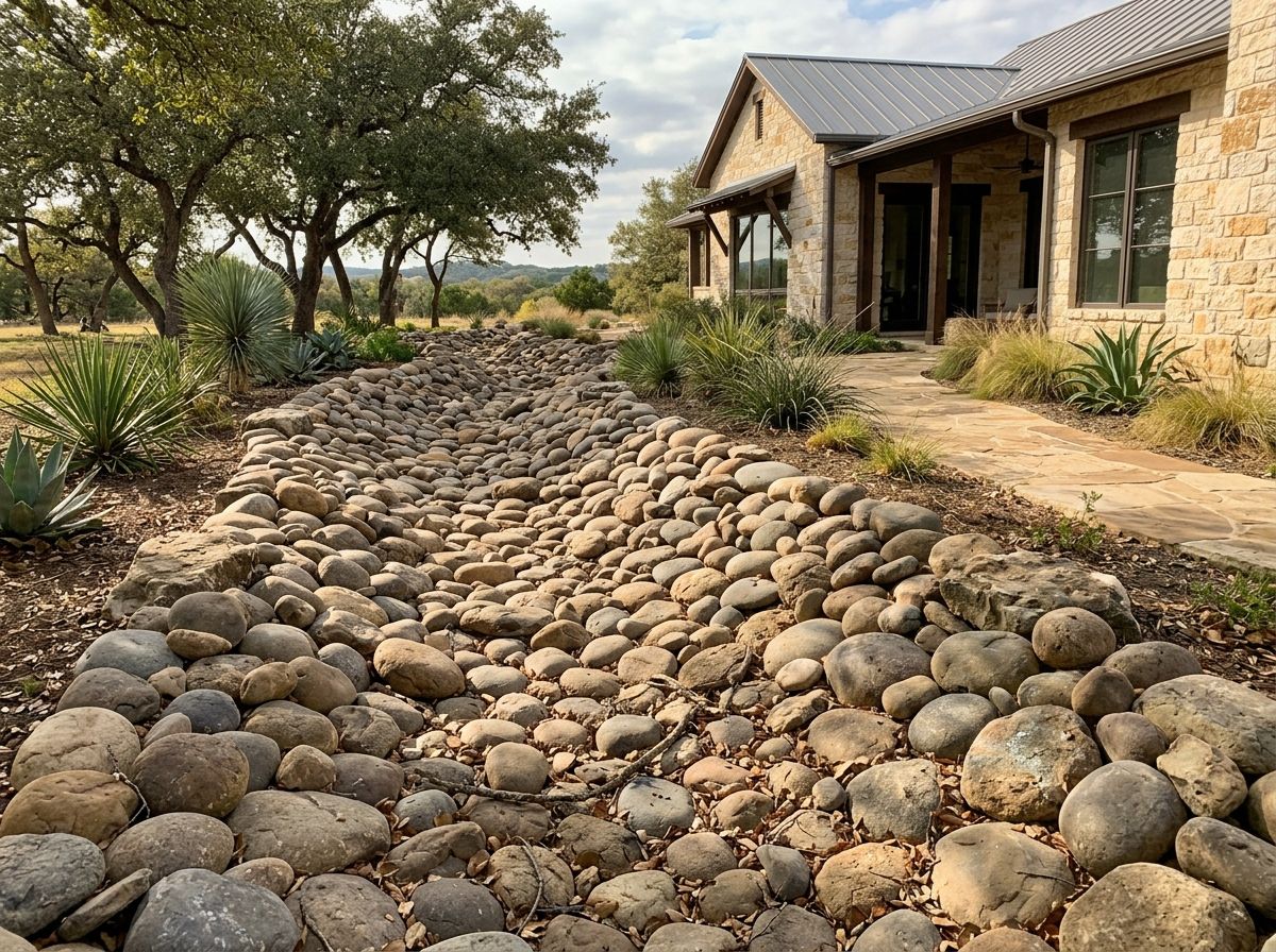 Rio Bullrock river rock ground cover spread in a landscaped bed with mixed tan and gray stones.