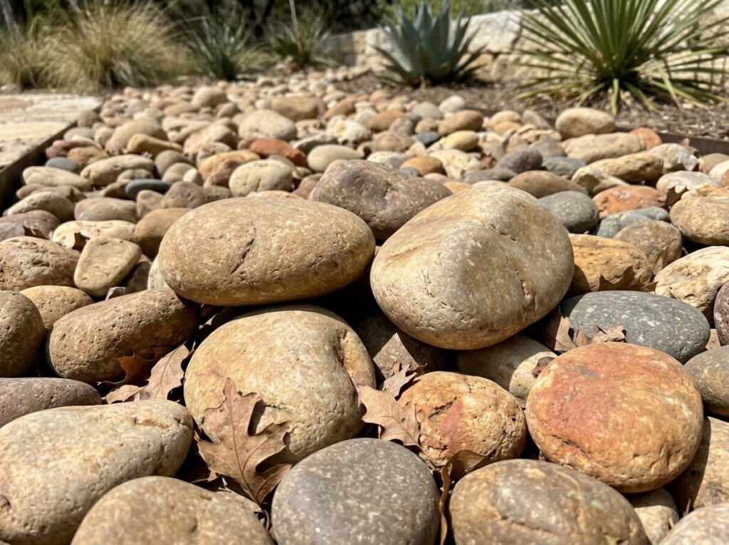 Rio Bullrock river rock ground cover in tan and gray rounded stones spread for landscaping.
