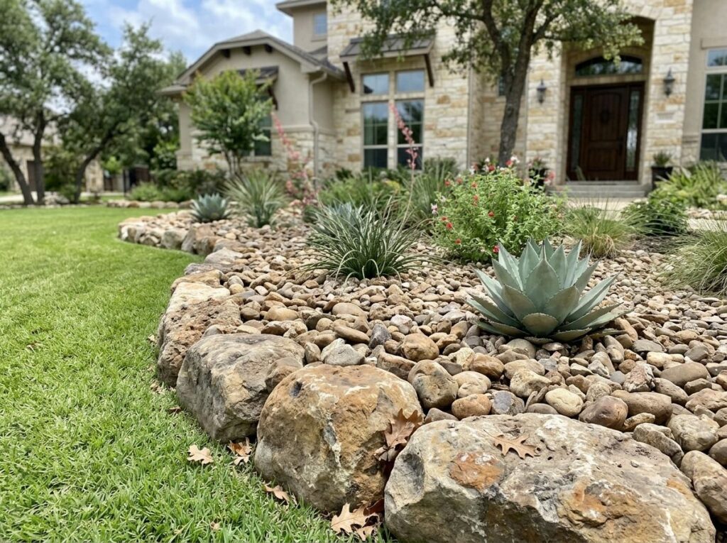 Rio Bullrock river rock ground cover, smooth tan and gray stones spread in a neat landscape bed.