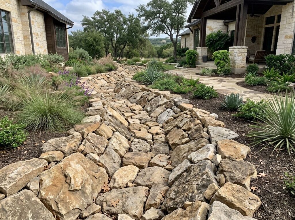 Rio Bullrock river rock ground cover with rounded tan and gray stones spread in a landscape bed.
