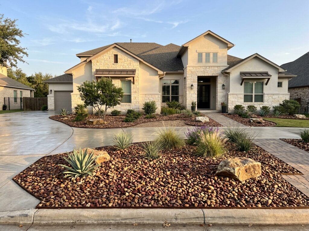 Rio River Rock ground cover of smooth tan and gray stones spread along a landscaped bed edge.