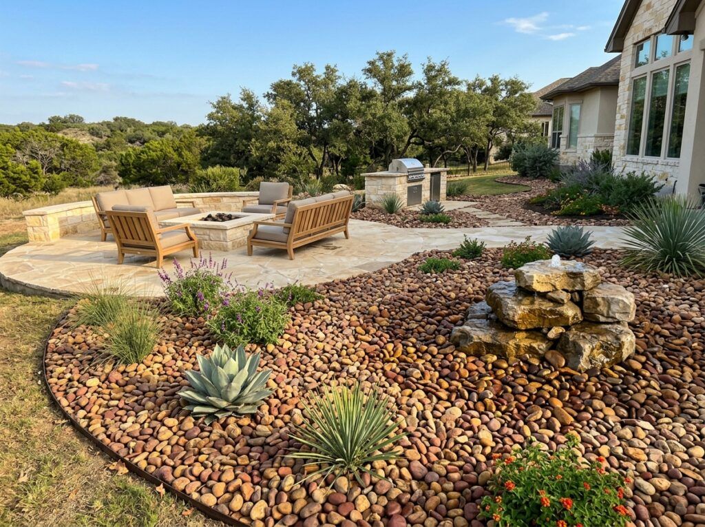 Rio River Rock river rock ground cover spread in a landscape bed, smooth tan and gray stones around plants.