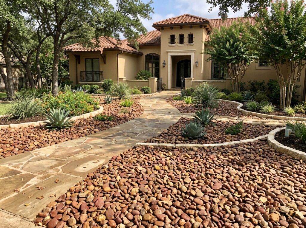 Rio River Rock river rock ground cover spread in a landscaped bed, smooth mixed tan and gray stones.