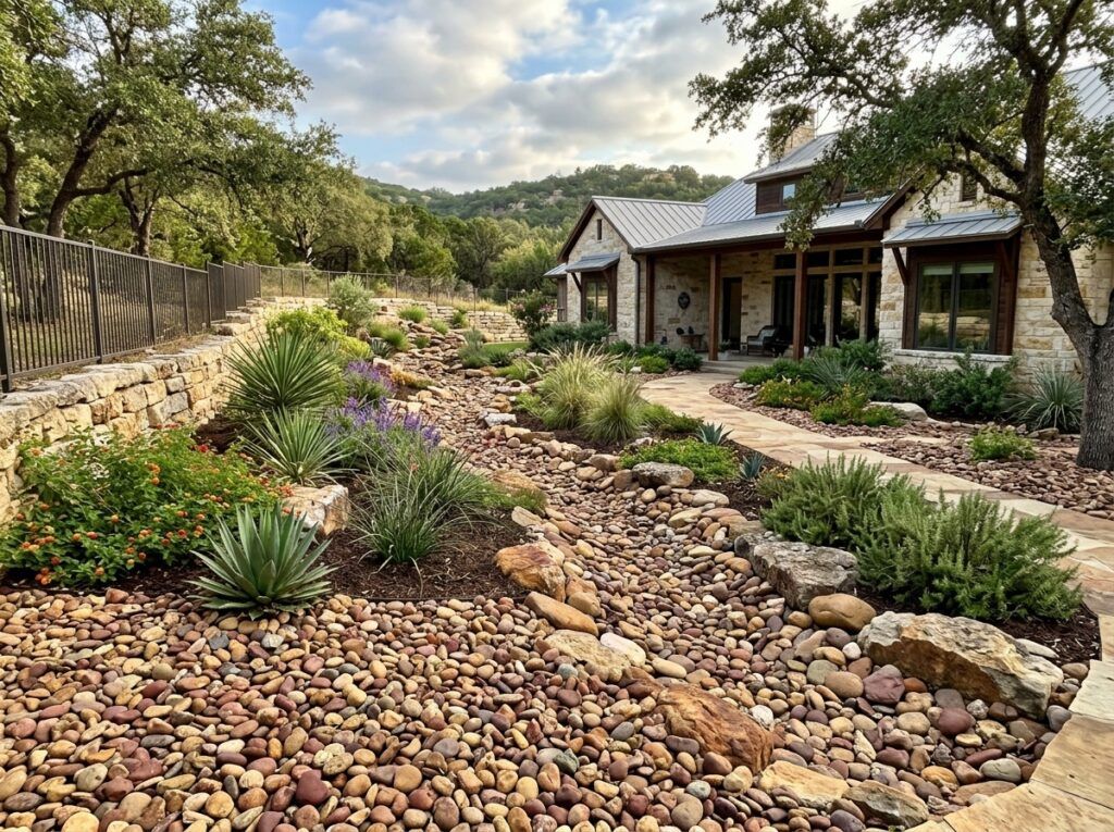 Rio River Rock river rock ground cover spread in a landscape bed, smooth rounded gray and tan stones.