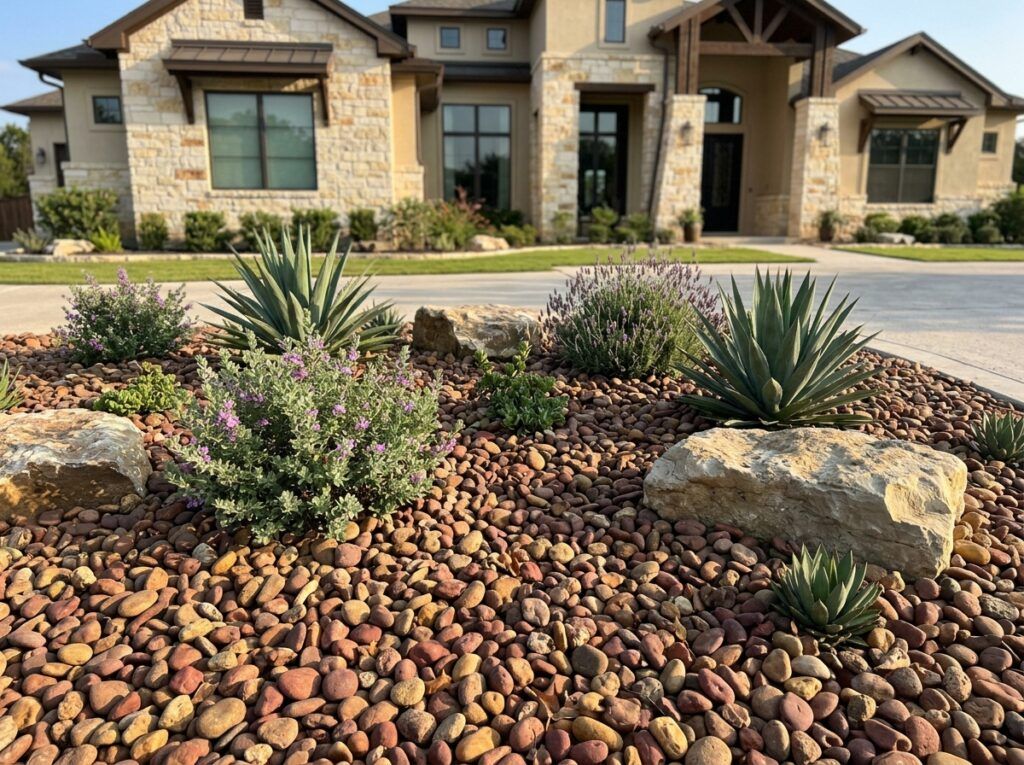 Rio River Rock river rock ground cover spread in a landscaped bed, smooth rounded stones in mixed gray and tan.