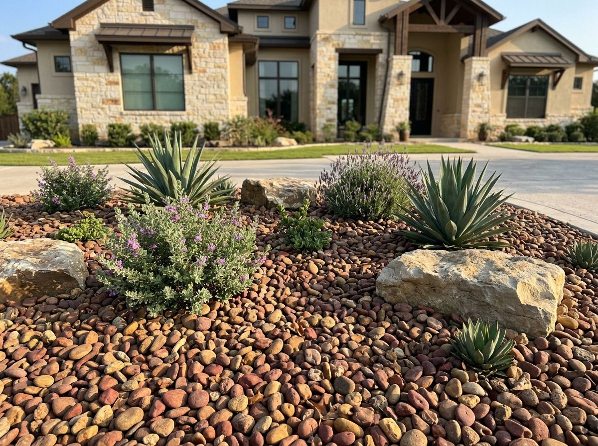 Rio River Rock river rock ground cover spread in a landscaped bed, smooth rounded stones in mixed gray and tan.