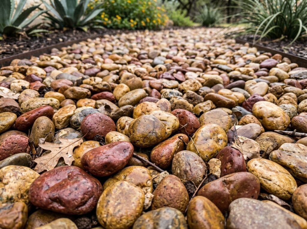 Rio River Rock river rock ground cover in mixed tan and gray stones spread in a landscape bed.
