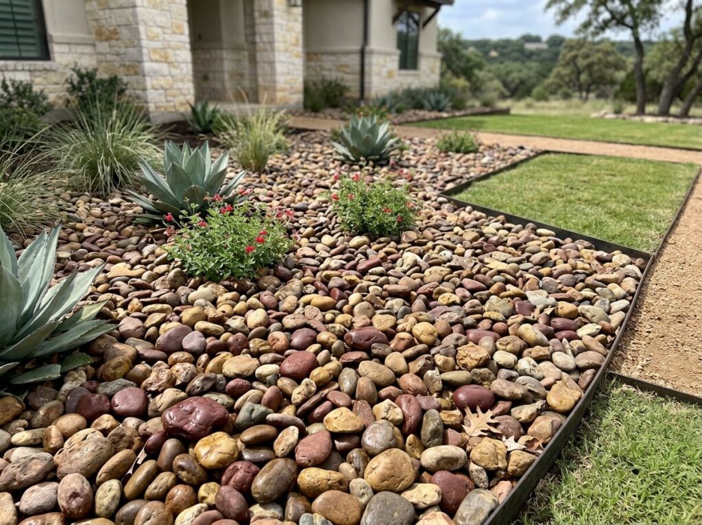 Rio River Rock river rock ground cover with smooth rounded gray and tan stones spread in a landscape bed.