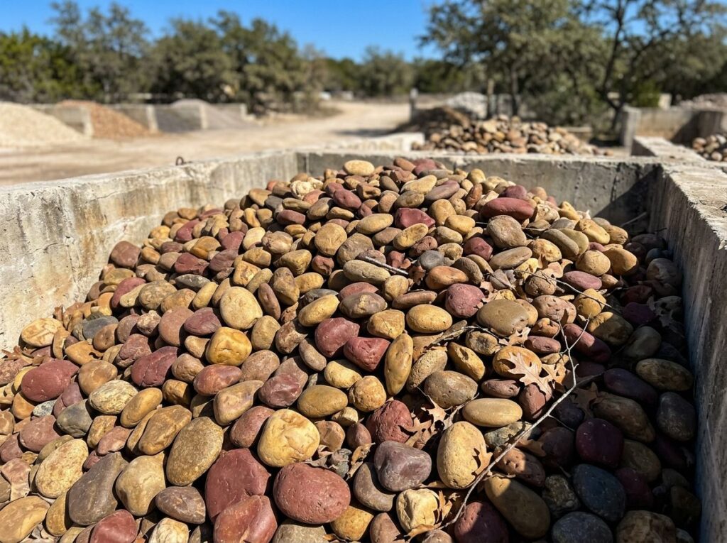 Rio River Rock ground cover with smooth rounded gray and tan stones spread in a thick layer.