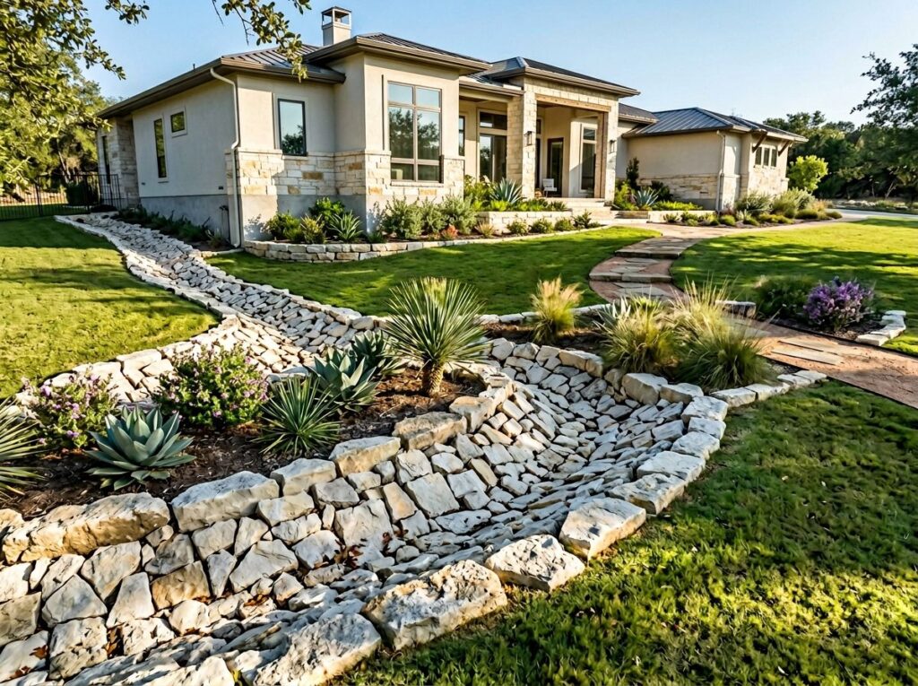 Rip Rap ground cover of large gray stones installed along a sloped drainage edge for erosion control.
