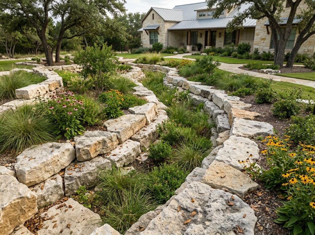 Rip Rap ground cover of large angular gray rocks installed along a sloped edge for erosion control.