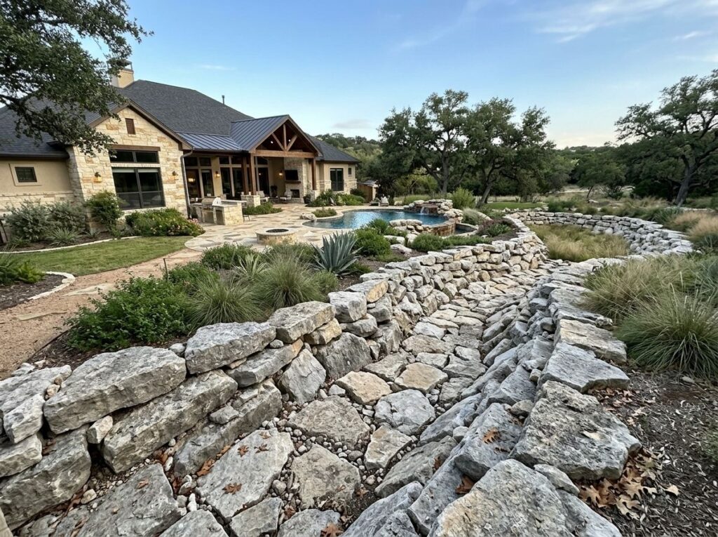 Rip Rap ground cover of large gray rocks lining a sloped drainage channel beside landscaping.