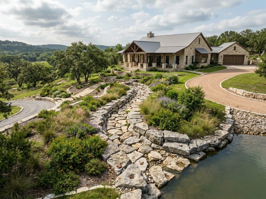 Rip Rap rock ground cover of large gray stones installed along a sloped drainage channel beside a lawn.