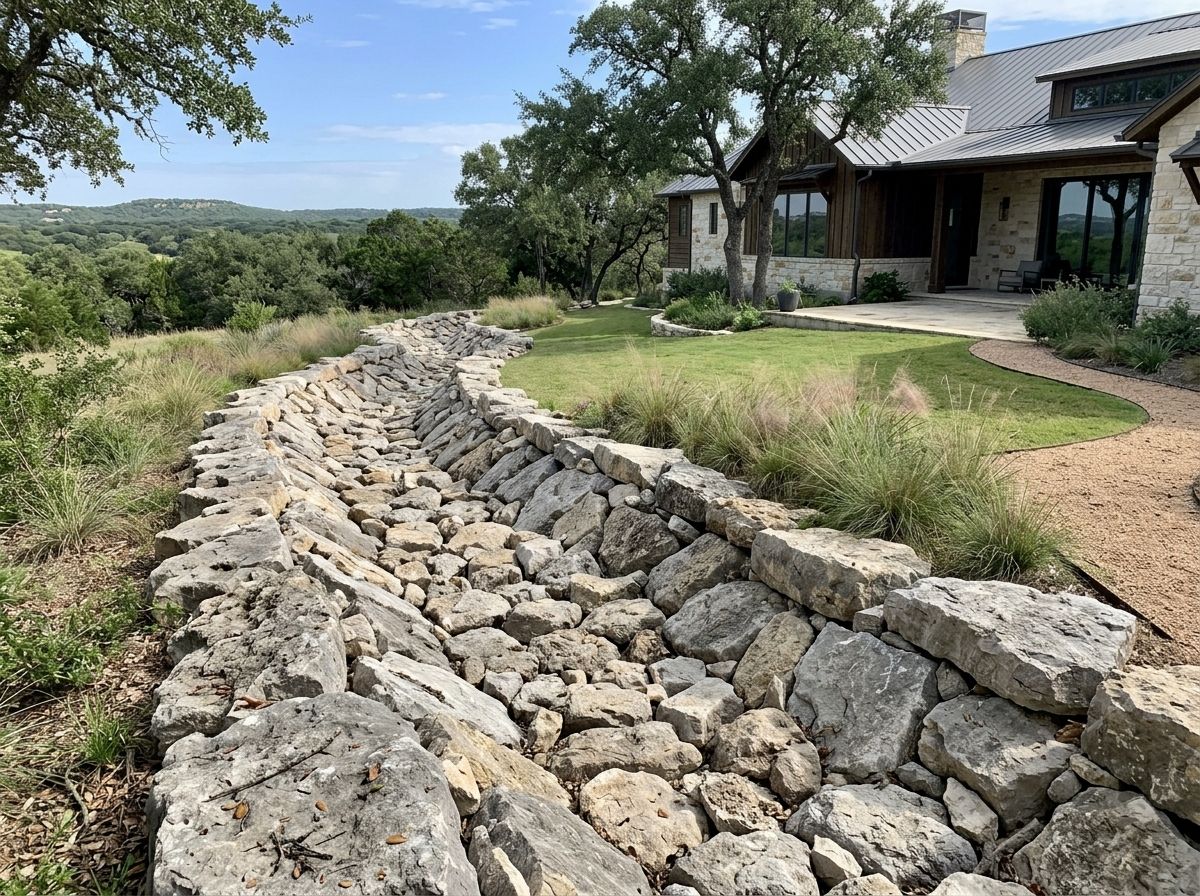 Rip Rap ground cover of large gray stones installed along a landscaped slope for erosion control.