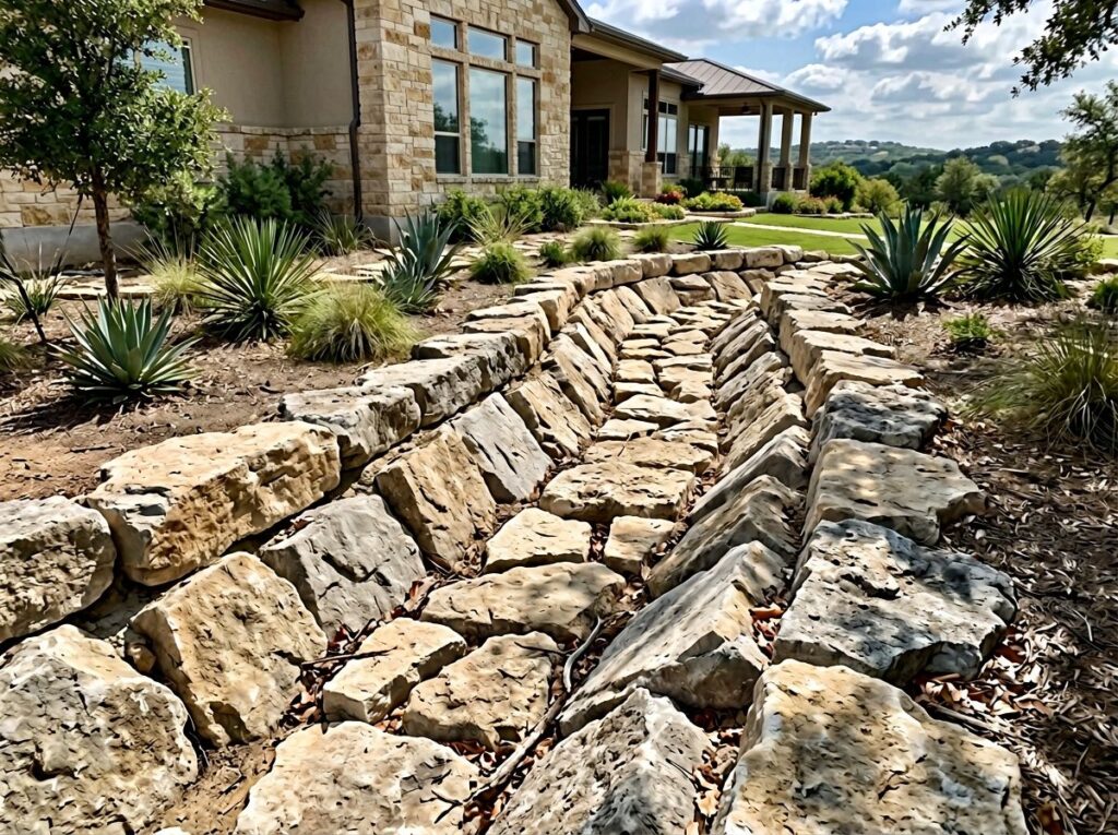 Rip Rap ground cover of large gray angular rocks spread in a landscaping bed.