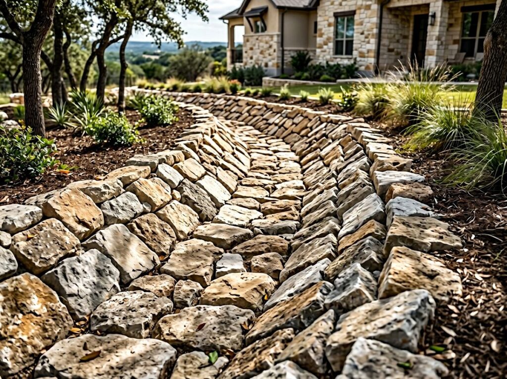Rip Rap ground cover rocks in mixed gray tones piled in a landscaped bed for erosion control.