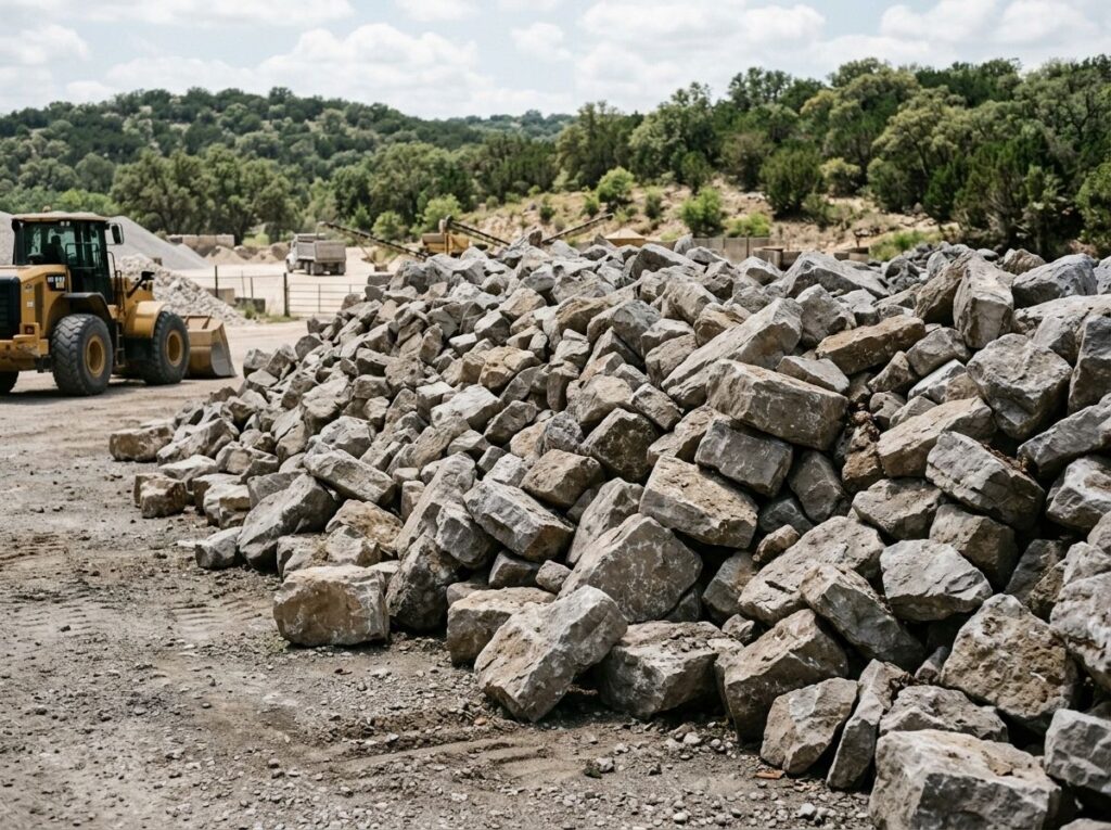 Rip Rap ground cover of large gray angular rocks spread in a thick layer for erosion control.