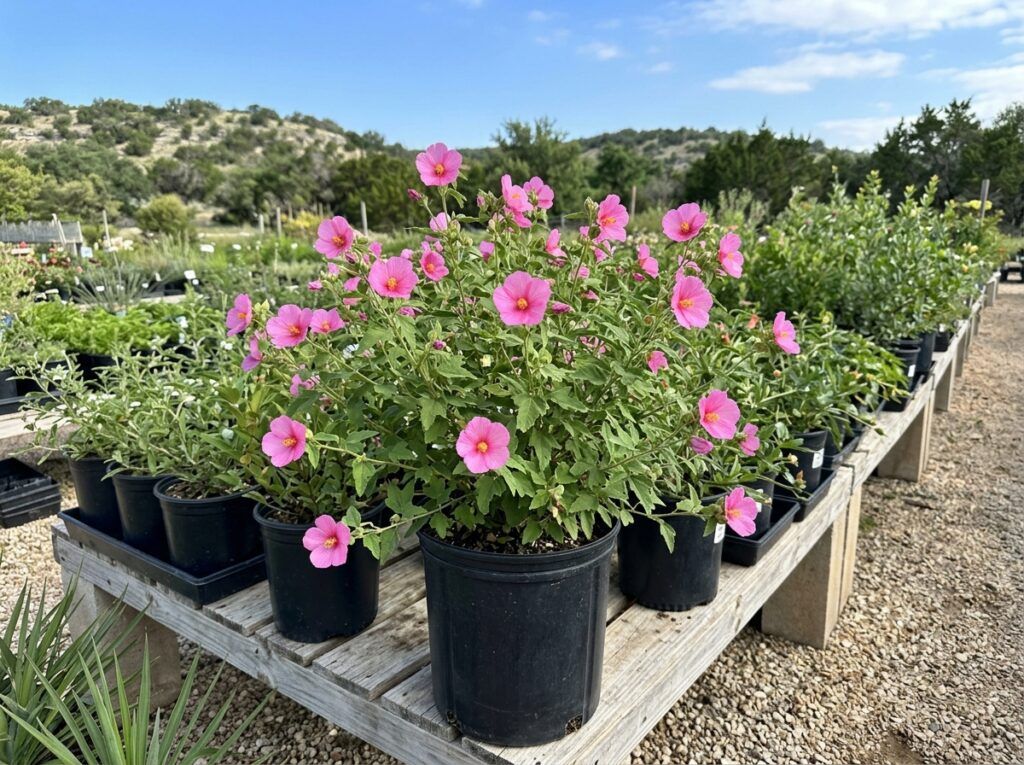 Rock Rose shrub with dense green foliage and pink flowers displayed as a potted plant.