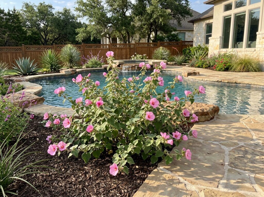 Rock Rose shrub in a nursery container with dense green foliage and pink blooms.