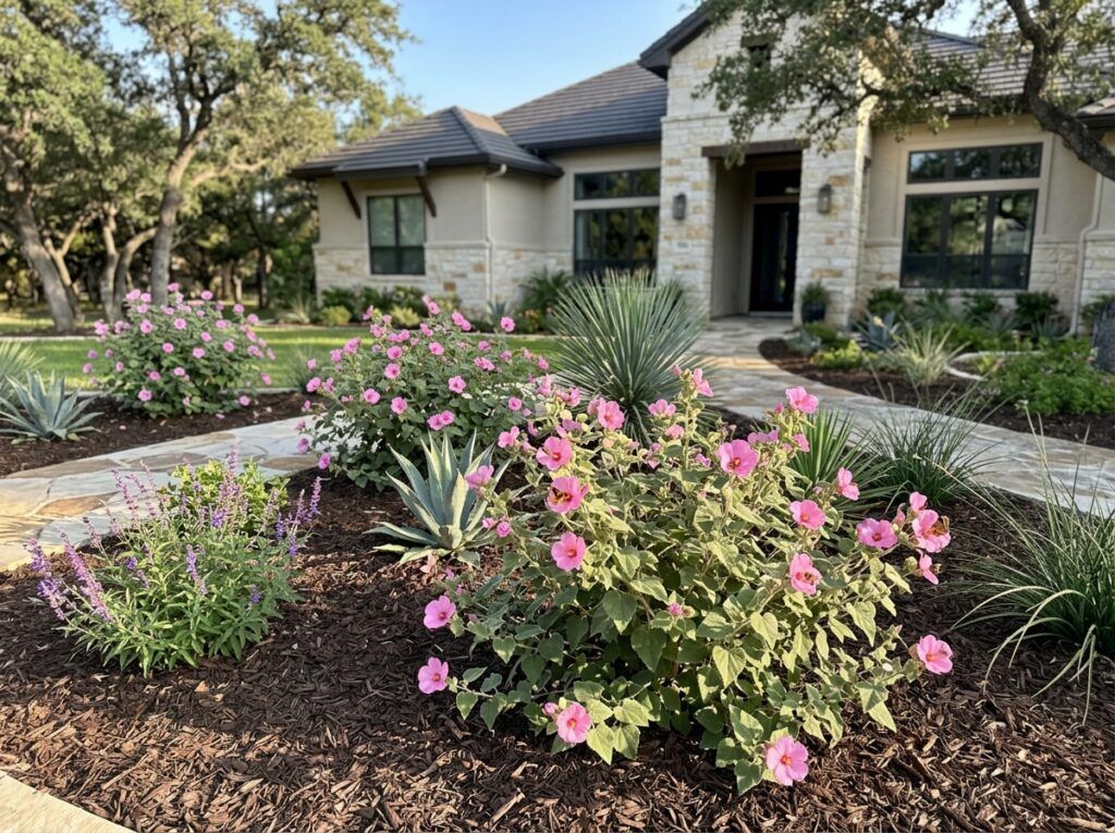 Rock Rose shrub with pink blooms and green foliage in a nursery pot