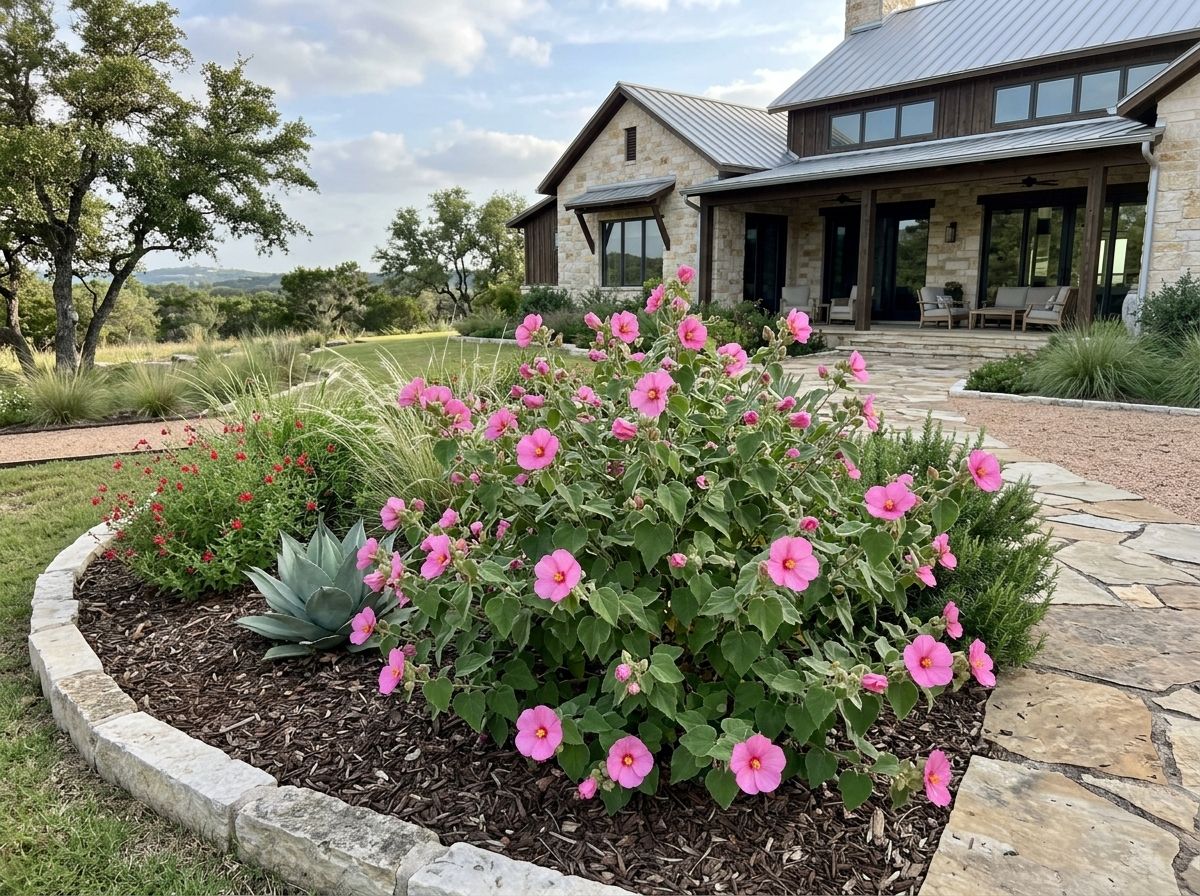 Rock Rose shrub with pink blooms and silvery green foliage in a landscaped bed.