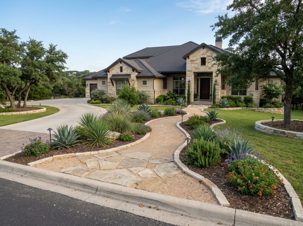 Rock Screenings ground cover spread in a smooth gray layer along a landscape bed beside edging stones.
