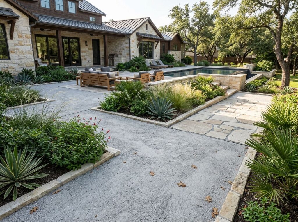 Rock Screenings ground cover, fine tan gravel spread evenly in a landscaped bed beside plants.
