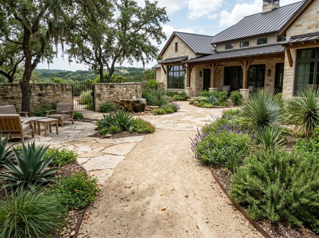 Rock Screenings ground cover spread as fine tan gravel over a landscaped bed along edging.