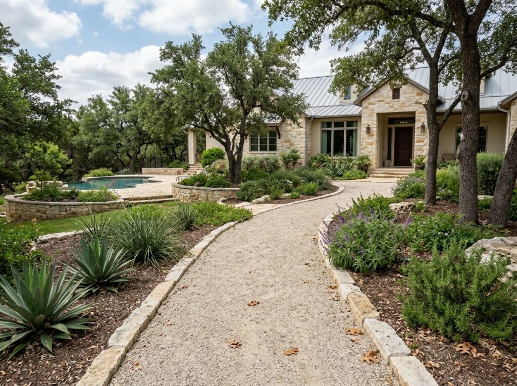 Rock Screenings ground cover spread as fine tan crushed stone along a landscape bed beside edging.