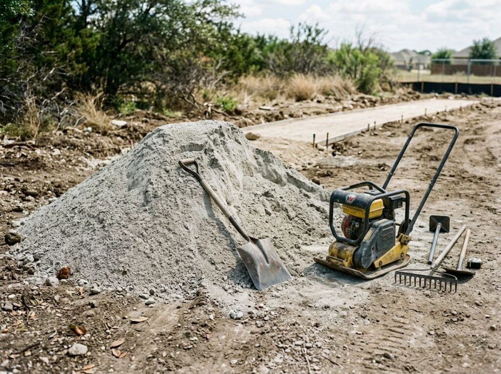 Rock Screenings ground cover spread in a smooth layer of fine gray crushed stone for landscaping paths.