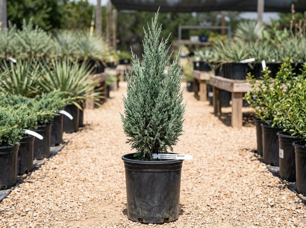 Rocky Mountain Juniper shrub in a black nursery pot with dense blue-green foliage.