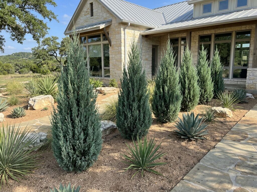 Rocky Mountain Juniper shrub with dense blue-green needles in a nursery container.