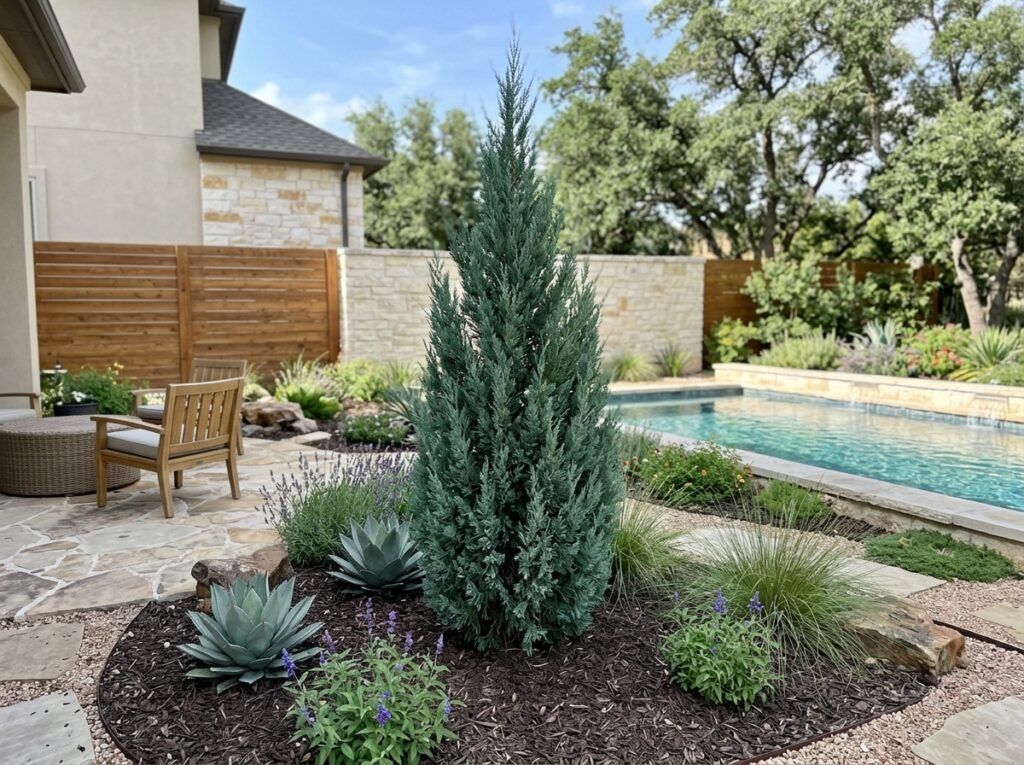 Rocky Mountain Juniper tree with dense blue-green needles in a nursery container.
