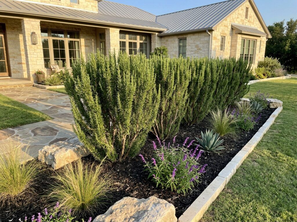 Rosemary herb in a black nursery pot, dense green needle-like foliage shown close up.