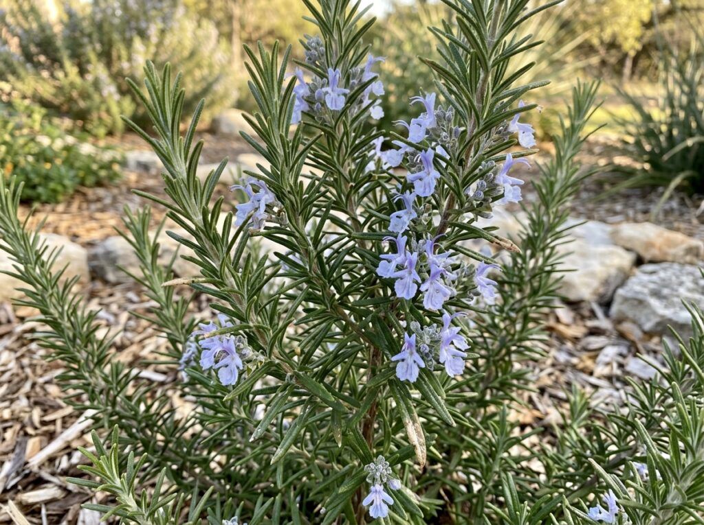 Rosemary shrub in a black nursery pot, showing dense green needle-like foliage.