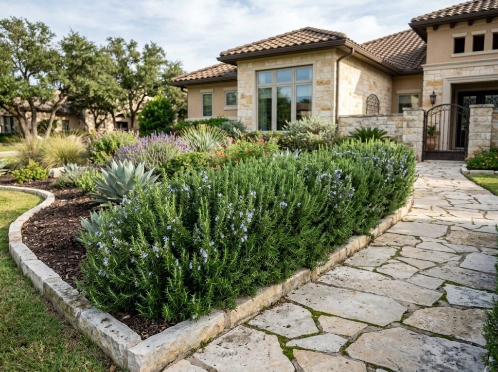 Rosemary shrub in a container with dense green needle-like foliage.