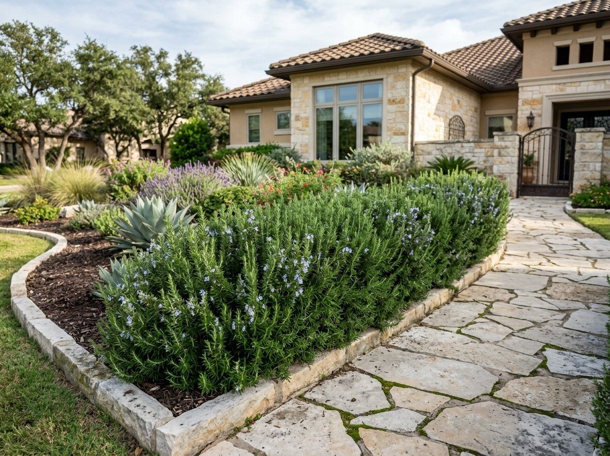 Rosemary shrub in a container with dense green needle-like foliage.