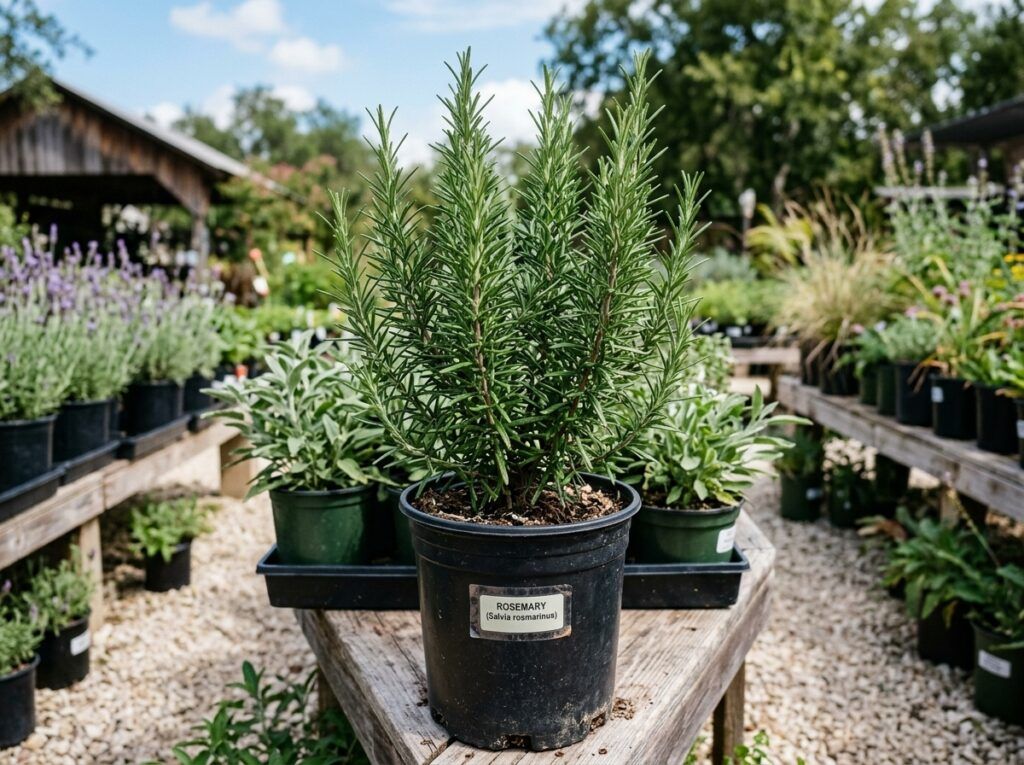 Rosemary shrub in a nursery container with dense green needle-like foliage.