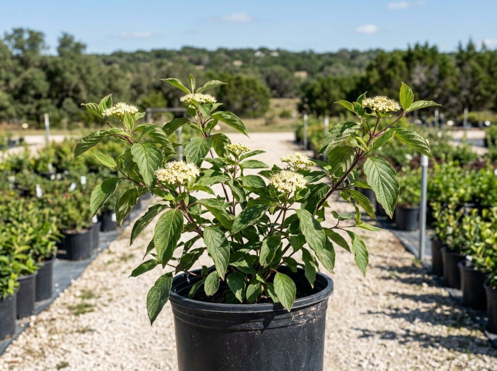 Roughleaf Dogwood shrub in a black nursery pot with dense bright green leaves.