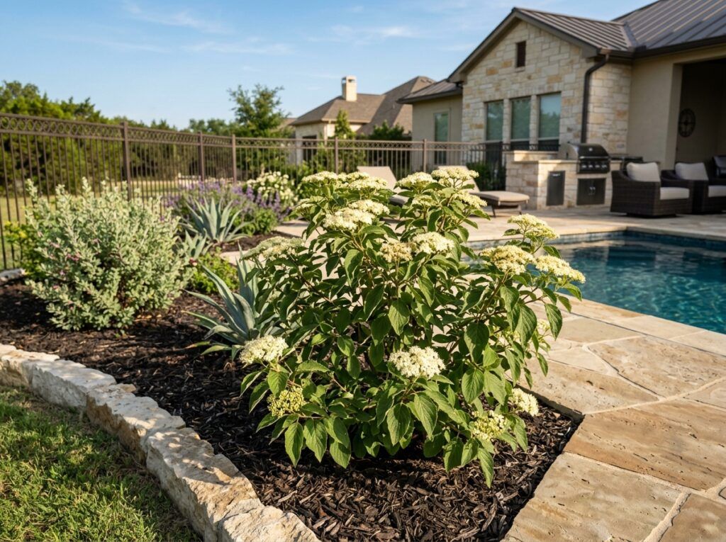 Roughleaf Dogwood shrub in a black nursery pot with dense green foliage.
