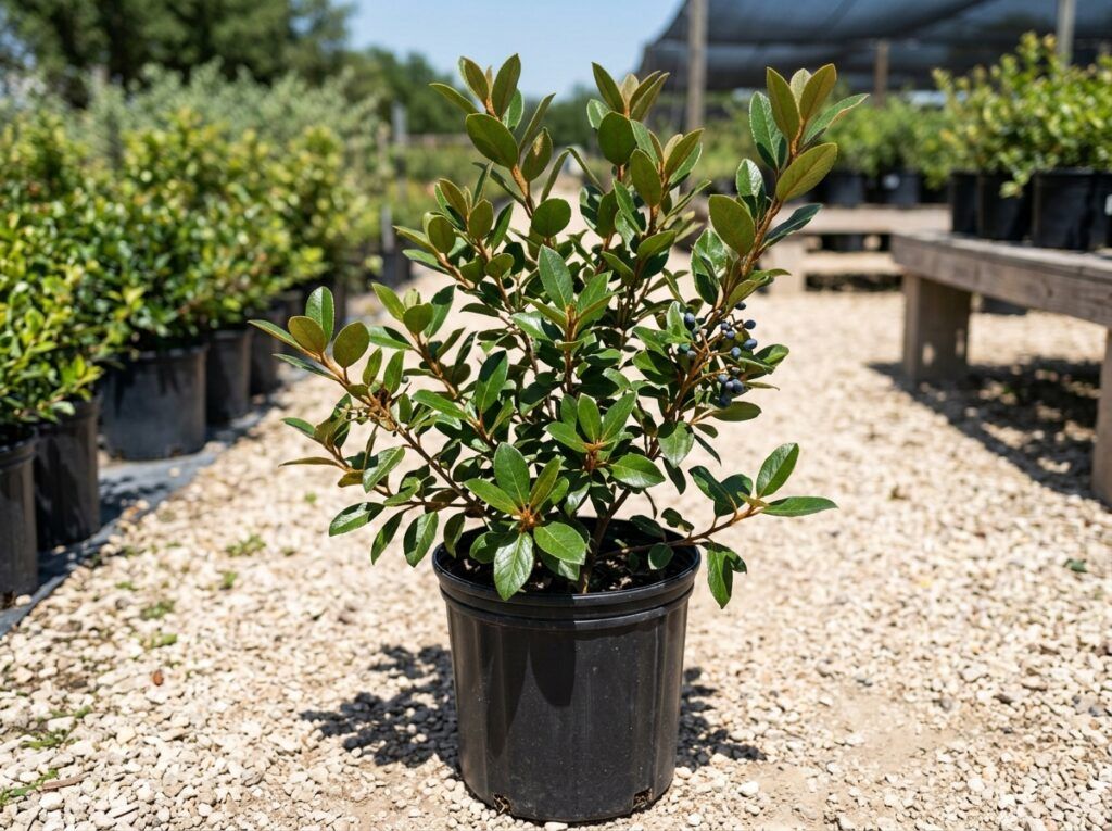 Rusty Blackhaw Viburnum shrub in a black nursery pot with dense green foliage.